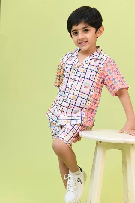 Buy Little Shiro Blue Checkered Toy Print Shirt And Shorts Set Online at Aza Fashions Buy_Little Shiro_Blue Checkered Toy Print Shirt And Shorts Set_Online_at_Aza_Fashions