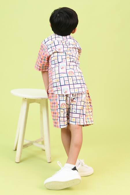Shop Little Shiro Blue Checkered Toy Print Shirt And Shorts Set Online at Aza Fashions Shop_Little Shiro_Blue Checkered Toy Print Shirt And Shorts Set_Online_at_Aza_Fashions