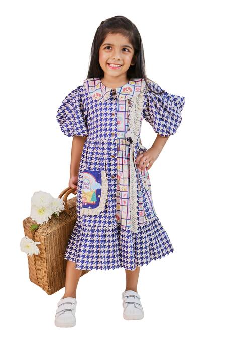 Little Shiro_Blue Cotton Satin Giselle Toy Print Dress_Online_at_Aza_Fashions