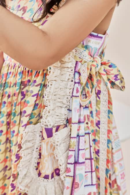 Shop Little Shiro Purple Cotton Satin Lace Audrey Checkered Print Dress Online at Aza Fashions Shop_Little Shiro_Purple Cotton Satin Lace Audrey Checkered Print Dress_Online_at_Aza_Fashions