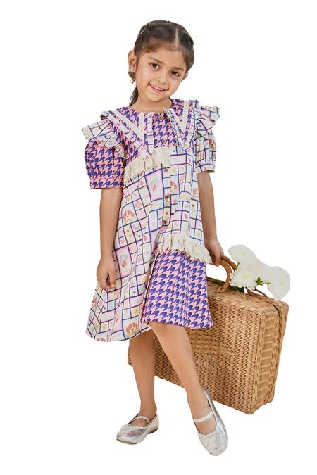 Little Shiro_Blue Satin, Lace, Ruffles And Brown Houndstooth Toy Print Dress_Online_at_Aza_Fashions