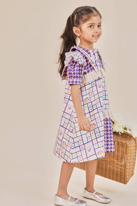 Shop_Little Shiro_Blue Satin, Lace, Ruffles And Brown Houndstooth Toy Print Dress_Online_at_Aza_Fashions
