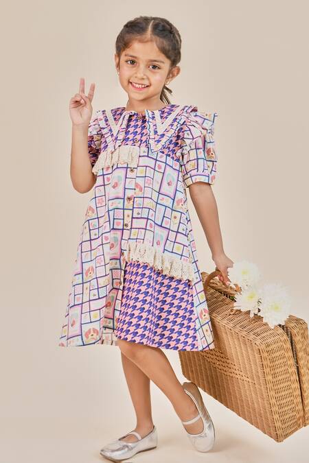 Little Shiro_Blue Satin, Lace, Ruffles And Brown Houndstooth Toy Print Dress_at_Aza_Fashions