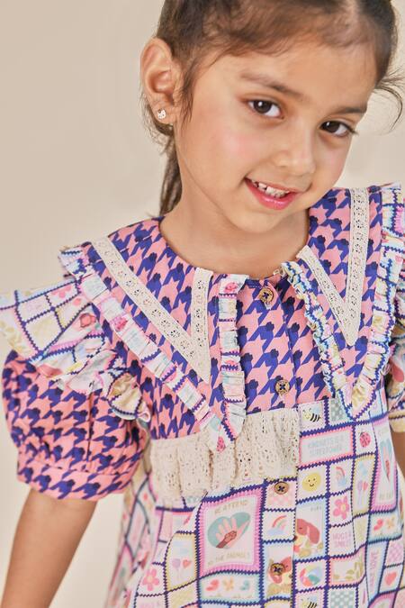 Buy_Little Shiro_Blue Satin, Lace, Ruffles And Brown Houndstooth Toy Print Dress