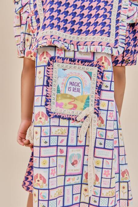 Shop_Little Shiro_Blue Satin, Lace, Ruffles And Brown Houndstooth Toy Print Dress