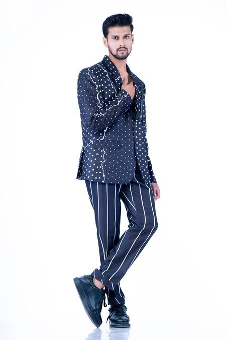 Yajy By Aditya Jain Black Silk, Cotton Embroidery Dot Embossed Printed Jacket With Trouser Online at Aza Fashions Yajy By Aditya Jain_Black Silk, Cotton Embroidery Dot Embossed Printed Jacket With Trouser _Online_at_Aza_Fashions