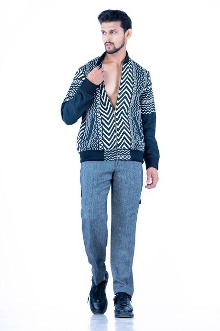 Yajy By Aditya Jain Black Cotton Cut Work Printed Bomber Jacket With Trouser Online at Aza Fashions Yajy By Aditya Jain_Black Cotton Cut Work Printed Bomber Jacket With Trouser _Online_at_Aza_Fashions