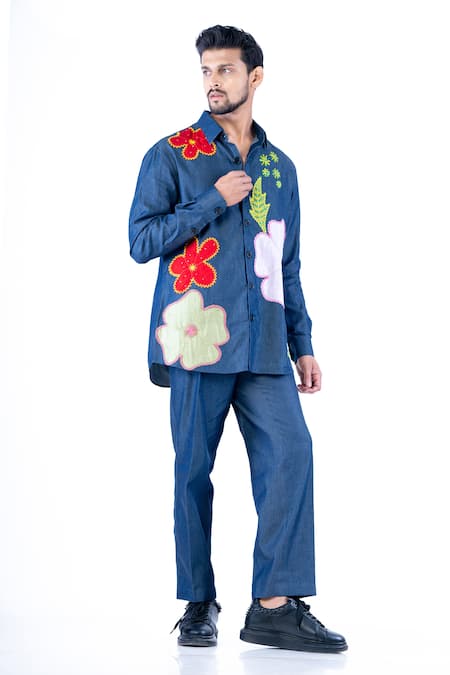 YAJY by Aditya Jain Floral Applique Work Shirt With Trouser 