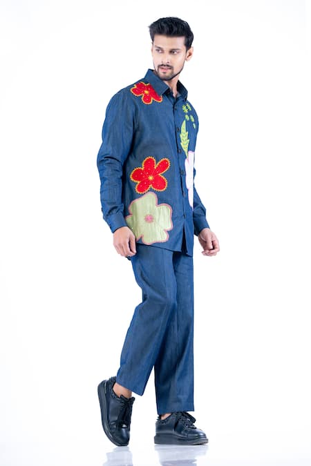 Shop Yajy By Aditya Jain Blue Denim, Cotton Embroidery Floral Applique Work Shirt With Trouser at Aza Fashions Shop_Yajy By Aditya Jain_Blue Denim, Cotton Embroidery Floral Applique Work Shirt With Trouser _at_Aza_Fashions
