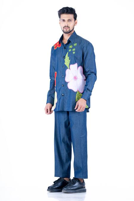 Yajy By Aditya Jain Blue Denim, Cotton Embroidery Floral Applique Work Shirt With Trouser Online at Aza Fashions Yajy By Aditya Jain_Blue Denim, Cotton Embroidery Floral Applique Work Shirt With Trouser _Online_at_Aza_Fashions