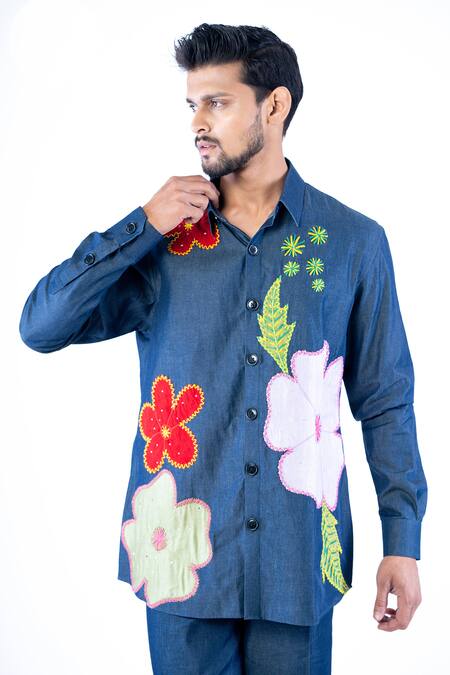 Buy Yajy By Aditya Jain Blue Denim, Cotton Embroidery Floral Applique Work Shirt With Trouser Online at Aza Fashions Buy_Yajy By Aditya Jain_Blue Denim, Cotton Embroidery Floral Applique Work Shirt With Trouser _Online_at_Aza_Fashions