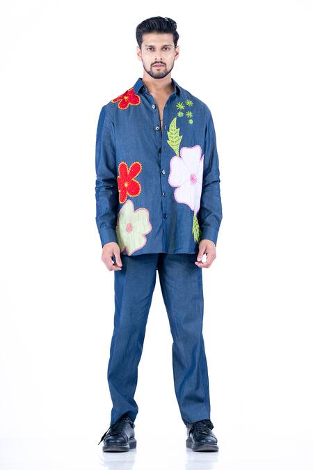 Shop Yajy By Aditya Jain Blue Denim, Cotton Embroidery Floral Applique Work Shirt With Trouser Online at Aza Fashions Shop_Yajy By Aditya Jain_Blue Denim, Cotton Embroidery Floral Applique Work Shirt With Trouser _Online_at_Aza_Fashions