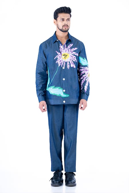 Yajy By Aditya Jain Blue Denim, Cotton Embroidery Floral Thread Hand Shirt With Trouser Online at Aza Fashions Yajy By Aditya Jain_Blue Denim, Cotton Embroidery Floral Thread Hand Shirt With Trouser _Online_at_Aza_Fashions