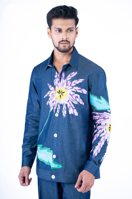 Buy Yajy By Aditya Jain Blue Denim, Cotton Embroidery Floral Thread Hand Shirt With Trouser Online at Aza Fashions Buy_Yajy By Aditya Jain_Blue Denim, Cotton Embroidery Floral Thread Hand Shirt With Trouser _Online_at_Aza_Fashions