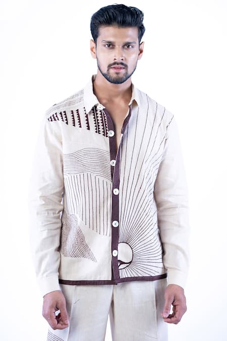 Yajy By Aditya Jain_Ivory Linen, Cotton Embroidery Kantha Shirt With Trouser _Online_at_Aza_Fashions