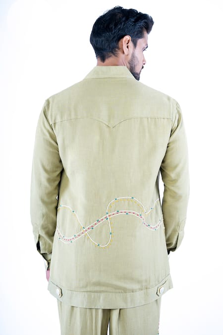 Shop Yajy By Aditya Jain Green Linen, Cotton Embroidery Pure Hand Shirt With Trouser at Aza Fashions Shop_Yajy By Aditya Jain_Green Linen, Cotton Embroidery Pure Hand Shirt With Trouser _at_Aza_Fashions