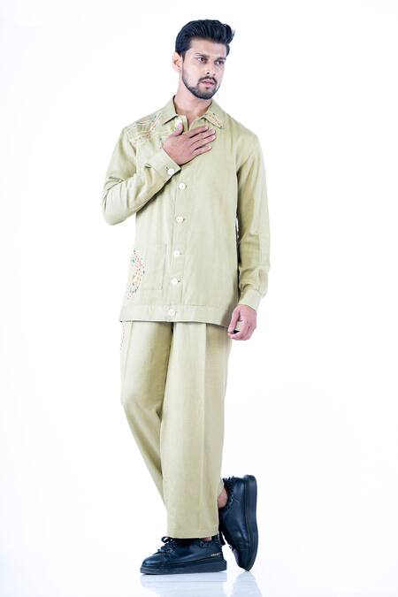 Yajy By Aditya Jain Green Linen, Cotton Embroidery Pure Hand Shirt With Trouser Online at Aza Fashions Yajy By Aditya Jain_Green Linen, Cotton Embroidery Pure Hand Shirt With Trouser _Online_at_Aza_Fashions