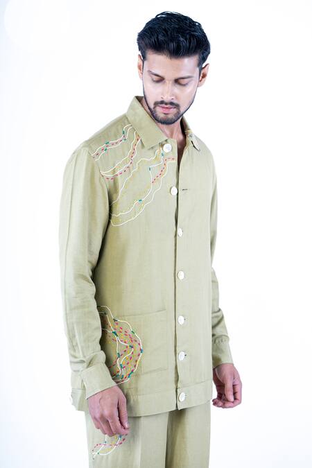 Buy Yajy By Aditya Jain Green Linen, Cotton Embroidery Pure Hand Shirt With Trouser Online at Aza Fashions Buy_Yajy By Aditya Jain_Green Linen, Cotton Embroidery Pure Hand Shirt With Trouser _Online_at_Aza_Fashions