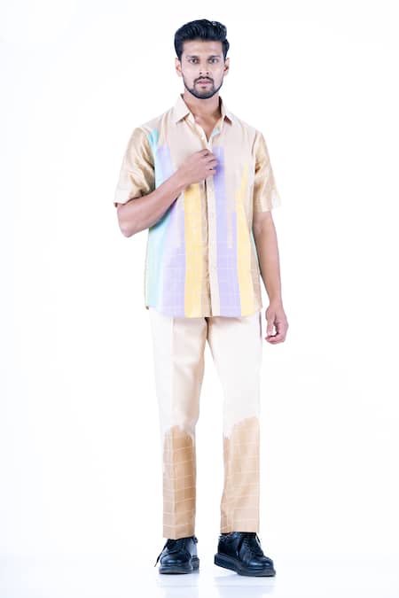 YAJY by Aditya Jain Beige Tissue Checks Pattern Shirt With Trouser 