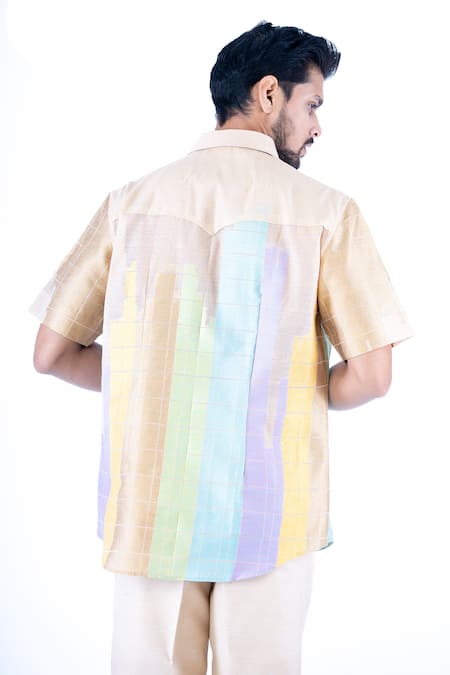 Shop Yajy By Aditya Jain Beige Tissue, Cotton Foil Printing Check Pattern Shirt With Trouser at Aza Fashions Shop_Yajy By Aditya Jain_Beige Tissue, Cotton Foil Printing Check Pattern Shirt With Trouser _at_Aza_Fashions