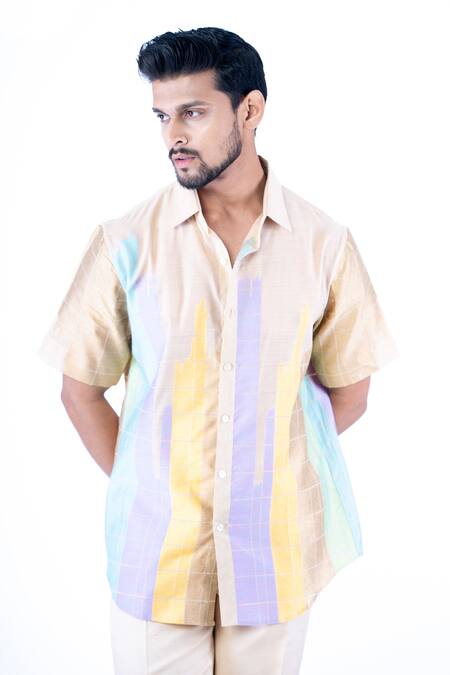 Buy Yajy By Aditya Jain Beige Tissue, Cotton Foil Printing Check Pattern Shirt With Trouser Online at Aza Fashions Buy_Yajy By Aditya Jain_Beige Tissue, Cotton Foil Printing Check Pattern Shirt With Trouser _Online_at_Aza_Fashions