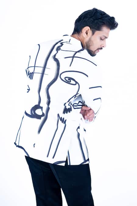 Shop Yajy By Aditya Jain White Linen, Cotton Abstract Print Wrap Robe Jacket With Cupro Trouser at Aza Fashions Shop_Yajy By Aditya Jain_White Linen, Cotton Abstract Print Wrap Robe Jacket With Cupro Trouser _at_Aza_Fashions