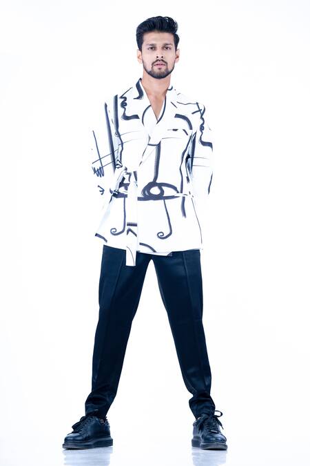 Yajy By Aditya Jain White Linen, Cotton Abstract Print Wrap Robe Jacket With Cupro Trouser Online at Aza Fashions Yajy By Aditya Jain_White Linen, Cotton Abstract Print Wrap Robe Jacket With Cupro Trouser _Online_at_Aza_Fashions