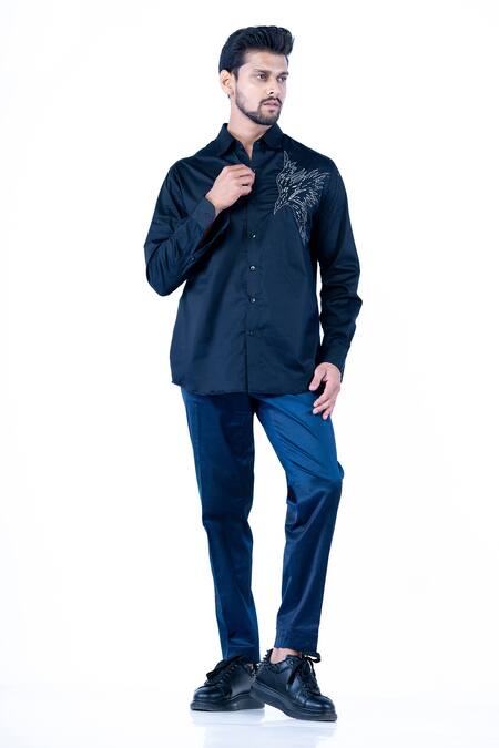 Yajy By Aditya Jain Black Cotton Embroidery Thread Eagle Motif Shirt Online at Aza Fashions Yajy By Aditya Jain_Black Cotton Embroidery Thread Eagle Motif Shirt _Online_at_Aza_Fashions