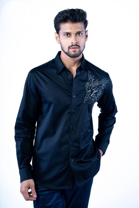 Buy Yajy By Aditya Jain Black Cotton Embroidery Thread Eagle Motif Shirt Online at Aza Fashions Buy_Yajy By Aditya Jain_Black Cotton Embroidery Thread Eagle Motif Shirt _Online_at_Aza_Fashions