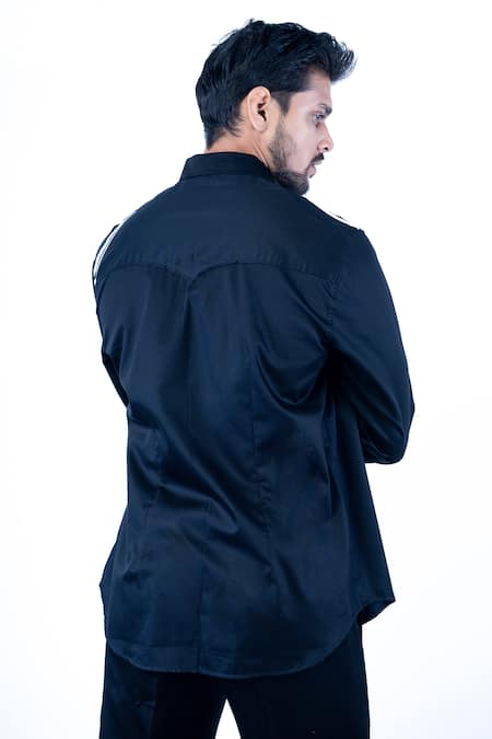 Shop Yajy By Aditya Jain Black Cotton Stripe Pattern Cuff Sleeve Shirt at Aza Fashions Shop_Yajy By Aditya Jain_Black Cotton Stripe Pattern Cuff Sleeve Shirt _at_Aza_Fashions