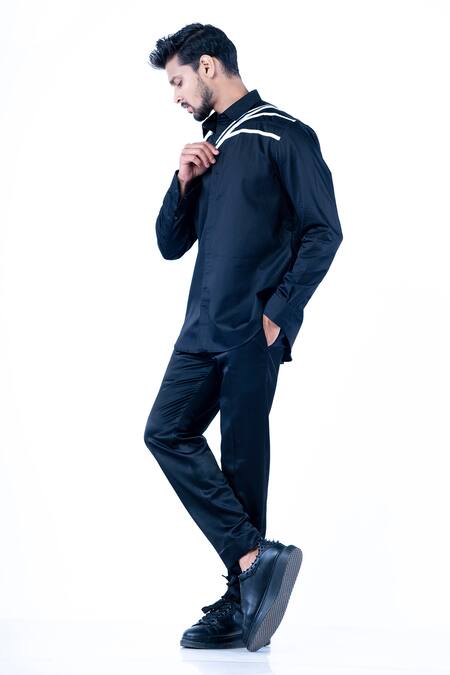 Yajy By Aditya Jain Black Cotton Stripe Pattern Cuff Sleeve Shirt Online at Aza Fashions Yajy By Aditya Jain_Black Cotton Stripe Pattern Cuff Sleeve Shirt _Online_at_Aza_Fashions