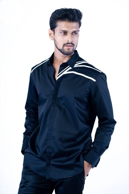 Buy Yajy By Aditya Jain Black Cotton Stripe Pattern Cuff Sleeve Shirt Online at Aza Fashions Buy_Yajy By Aditya Jain_Black Cotton Stripe Pattern Cuff Sleeve Shirt _Online_at_Aza_Fashions