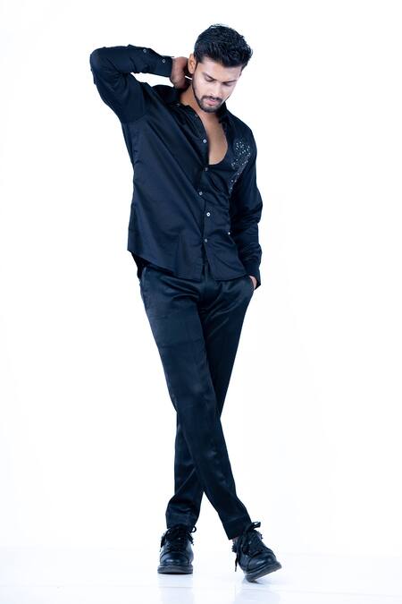 Yajy By Aditya Jain Black Cotton Embroidery Thread Shirt Online at Aza Fashions Yajy By Aditya Jain_Black Cotton Embroidery Thread Shirt _Online_at_Aza_Fashions