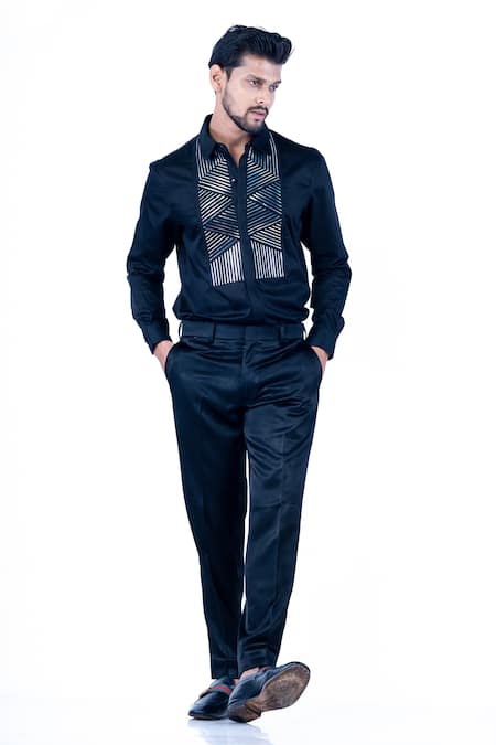 Yajy By Aditya Jain Black Cotton Foil Printing Stripe Placement Embellished Shirt 