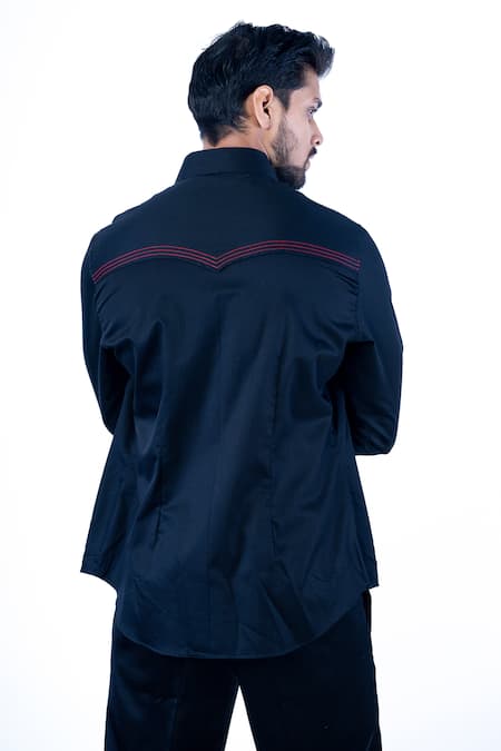 Shop Yajy By Aditya Jain Black Cotton Foil Printing Stripe Placement Embellished Shirt at Aza Fashions Shop_Yajy By Aditya Jain_Black Cotton Foil Printing Stripe Placement Embellished Shirt _at_Aza_Fashions