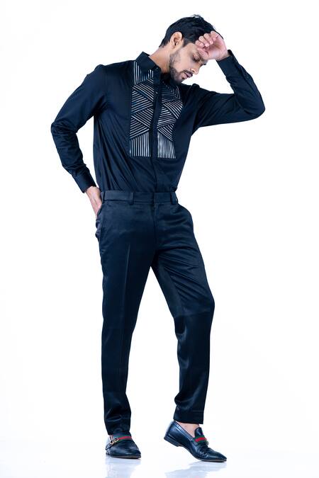 Yajy By Aditya Jain Black Cotton Foil Printing Stripe Placement Embellished Shirt Online at Aza Fashions Yajy By Aditya Jain_Black Cotton Foil Printing Stripe Placement Embellished Shirt _Online_at_Aza_Fashions