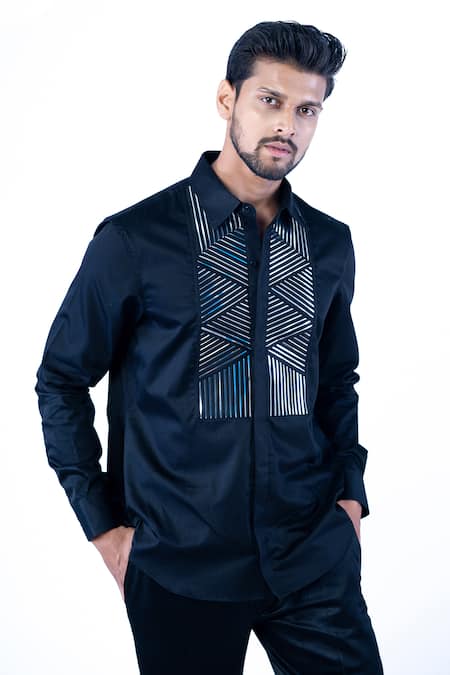 Buy Yajy By Aditya Jain Black Cotton Foil Printing Stripe Placement Embellished Shirt Online at Aza Fashions Buy_Yajy By Aditya Jain_Black Cotton Foil Printing Stripe Placement Embellished Shirt _Online_at_Aza_Fashions