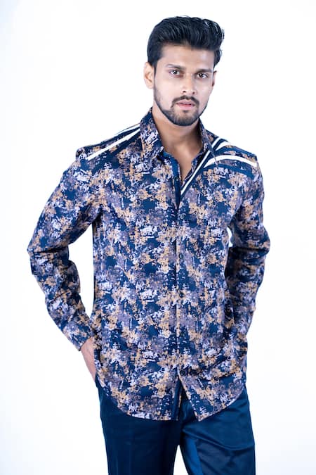 Yajy By Aditya Jain Blue Cotton Embroidery Turkish Brick Hand Paint Shirt 