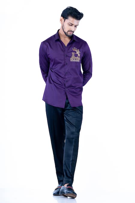 YAJY by Aditya Jain Purple Shirting Fabric Handwoven Placement Hand Work 