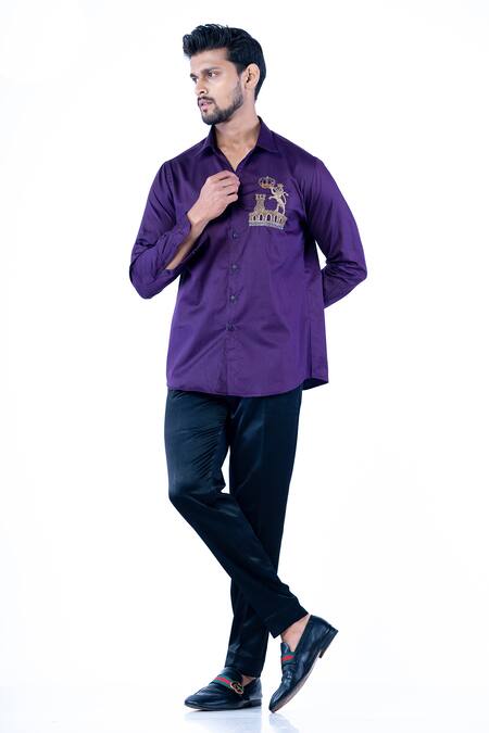 Yajy By Aditya Jain_Purple Cotton Embroidery Placement Hand Work Shirt _Online_at_Aza_Fashions