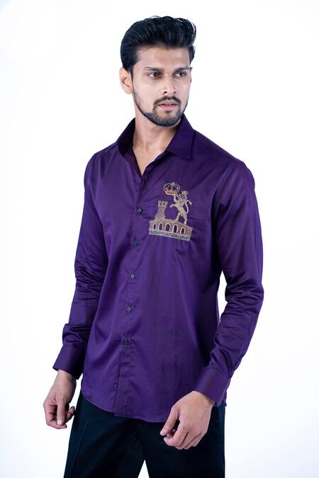 Buy_Yajy By Aditya Jain_Purple Cotton Embroidery Placement Hand Work Shirt _Online_at_Aza_Fashions