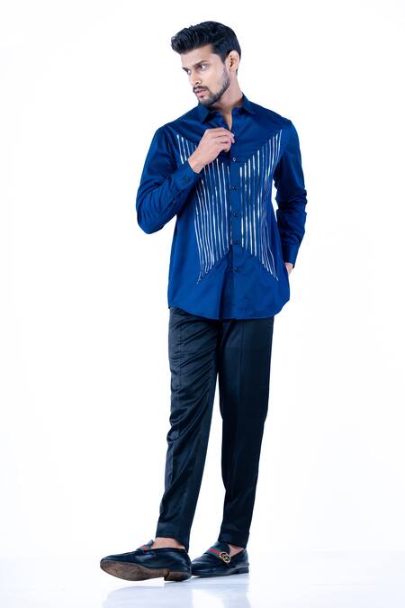 Yajy By Aditya Jain Blue Cotton Foil Printing Stripe Embellished Shirt