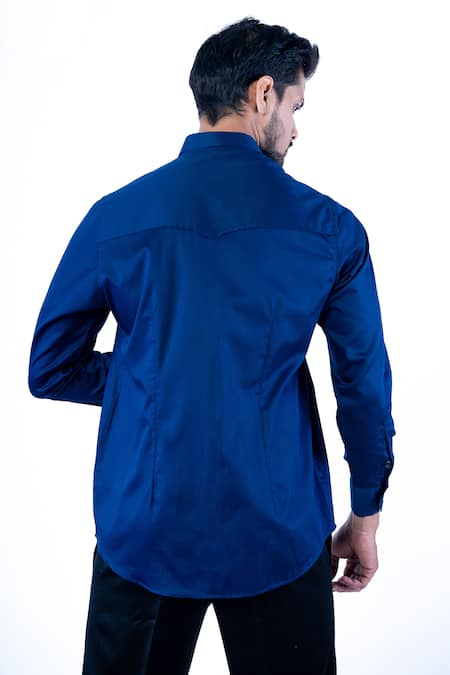 Shop Yajy By Aditya Jain Blue Cotton Foil Printing Stripe Embellished Shirt at Aza Fashions Shop_Yajy By Aditya Jain_Blue Cotton Foil Printing Stripe Embellished Shirt _at_Aza_Fashions