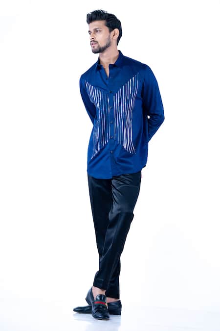 Yajy By Aditya Jain Blue Cotton Foil Printing Stripe Embellished Shirt Online at Aza Fashions Yajy By Aditya Jain_Blue Cotton Foil Printing Stripe Embellished Shirt _Online_at_Aza_Fashions