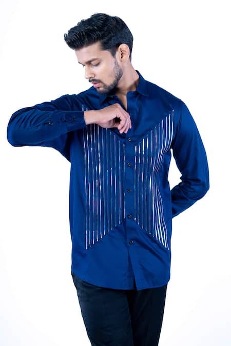 Buy Yajy By Aditya Jain Blue Cotton Foil Printing Stripe Embellished Shirt Online at Aza Fashions Buy_Yajy By Aditya Jain_Blue Cotton Foil Printing Stripe Embellished Shirt _Online_at_Aza_Fashions