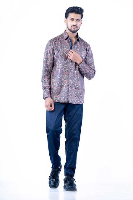 Yajy By Aditya Jain_Multi Color Cotton Embroidery Floral Print Shirt _Online_at_Aza_Fashions