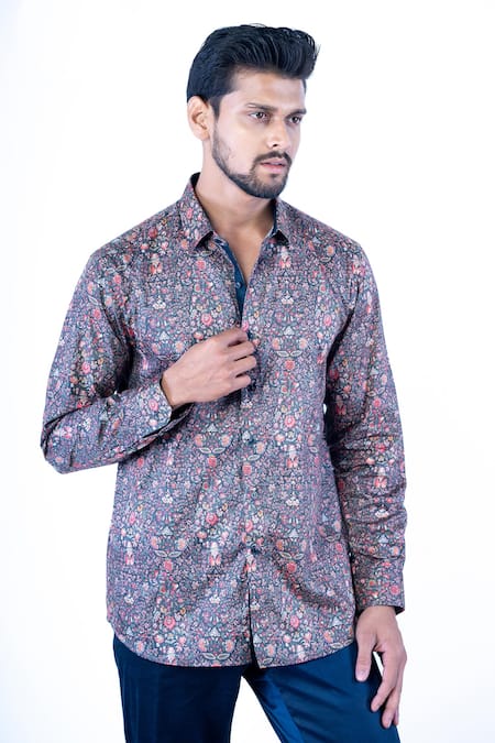 Buy_Yajy By Aditya Jain_Multi Color Cotton Embroidery Floral Print Shirt _Online_at_Aza_Fashions