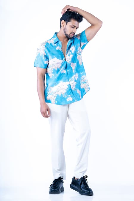Yajy By Aditya Jain Blue Cotton World Map Pattern Shirt 