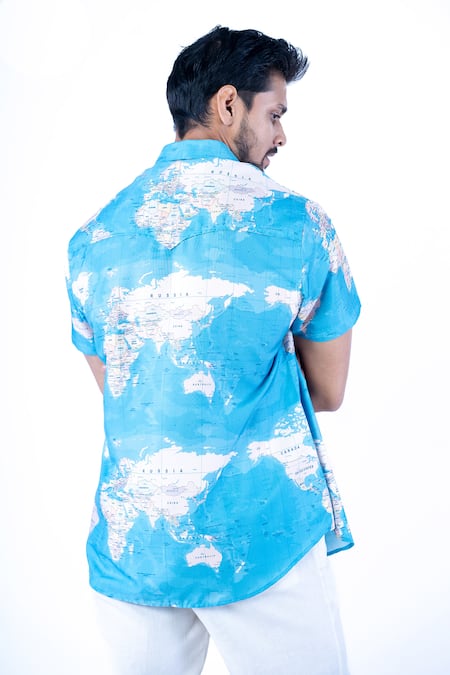 Shop Yajy By Aditya Jain Blue Cotton World Map Pattern Shirt at Aza Fashions Shop_Yajy By Aditya Jain_Blue Cotton World Map Pattern Shirt _at_Aza_Fashions