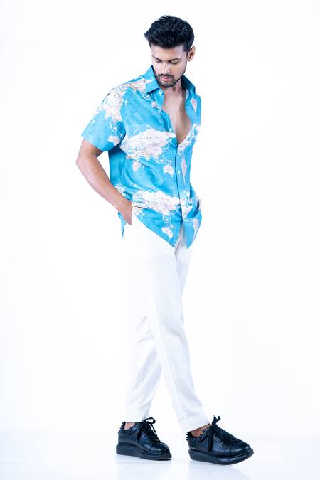 Yajy By Aditya Jain Blue Cotton World Map Pattern Shirt Online at Aza Fashions Yajy By Aditya Jain_Blue Cotton World Map Pattern Shirt _Online_at_Aza_Fashions